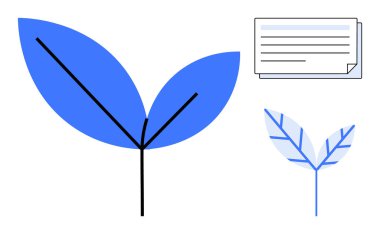 Siyah saplı soyut mavi yaprak ve çizgiler, ekolojiyi, yeniliği, öğrenmeyi, stratejiyi, sürdürülebilirliği, organik büyümeyi ve çevresel farkındalığı sembolize eden bir kağıt belge ile eşleştirilmiştir. İdeal
