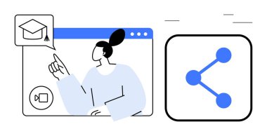 Bir video görüşmesinde sanal bir öğrenme seansına katılan kişi, bir paylaşım simgesinin yanında mezuniyet şapkası grafiğine işaret ediyor. Eğitim, e-öğrenim, bilgi paylaşımı için ideal