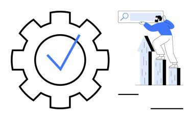 Kontrol işaretli vites ve büyüteç tutarken çubuğa tırmanan kişi grafiği. Başarı, büyüme, başarı, performans, üretkenlik, gelişme ve strateji için idealdir. Basit düz metafor