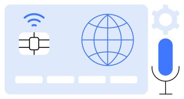 Çipli ödeme kartı, kablosuz sinyal, dünya, mikrofon, teçhizat. Ödemeler için ideal teknoloji, iletişim bağlantısı yeniliği veri güvenliği fintech. Düz basit metafor