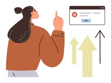 Yukarıya doğru ok atan oklar ilerlemeyi önerirken, kadın kırmızı haç ve OK tuşlarıyla hata penceresini işaret ediyor. Sorun çözme, karar verme, zorlukların üstesinden gelme, büyüme, gelişme için ideal