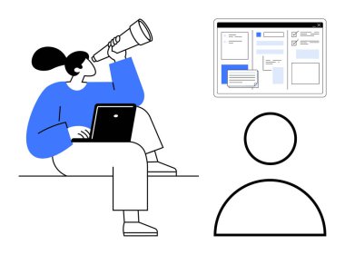 Teleskop ve dizüstü bilgisayarla oturmuş dijital fırsatları keşfeden bir kadın. Arayüz ögeleri ve bir kullanıcı simgesi vurgulama ağı, analiz, planlama. Araştırma, teknoloji ve yenilik için ideal