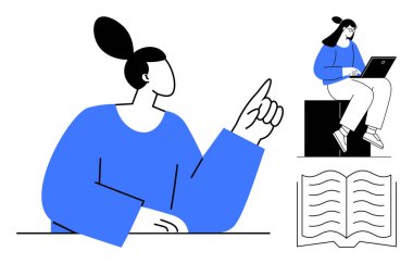 Vurgu için el kol hareketi yapan bir kadın, otururken dizüstü bilgisayarda çalışan bir diğeri ve açık bir kitap ikonu. Eğitim için ideal, çevrimiçi öğrenme, takım çalışması, yaratıcılık, verimlilik geri besleme iletişimi. Basit.