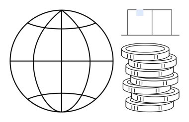 Küresel bağlantıyı temsil eden küre, finansı sembolize eden bozuk paralar ve veri analizi için asgari grafik. Ekonomi, küreselleşme, iş stratejisi, yatırım, teknoloji, araştırma için ideal