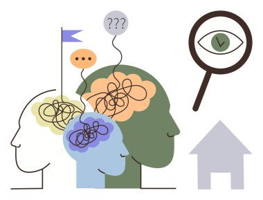 Konuşma balonu, bayrak, büyüteç ve ev sembolü ile karışık düşünceler. Akıl sağlığı, beyin fırtınası, problem çözme, analiz, kafa karışıklığı odaklama hedefi için ideal