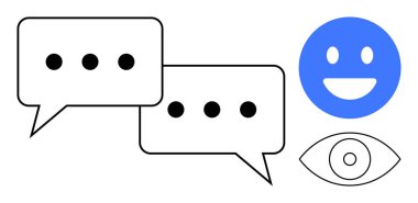 Konuşma baloncukları, mutlu yüz ve mesajlaşma, geri bildirim ve gözlem simgeleri. İletişim, geri bildirim, bağlantı, ifade müşteri desteği sade iniş sayfası için ideal