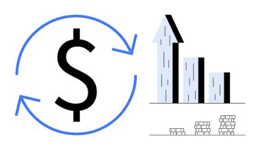 Akışı gösteren oklarla dolar sembolü, yukarı doğru eğilimi gösteren çubuk grafik ve istiflenmiş paralar. Finans, yatırım, büyüme, strateji, bütçe, iş sade iniş sayfası için ideal