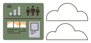 Analitik gösterge paneli, insan simgeleri, çubuk grafik ve bulut sembollerinin yanında raporlar. Veri yönetimi, takım çalışması, bulut depolama, analitik, bilgi paylaşımı için ideal basit teknoloji dairesi