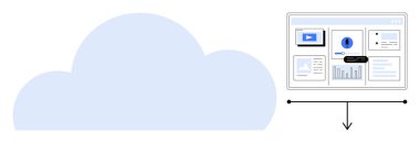 Ekran grafiklerine, medyaya ve analizlere bağlı büyük bir bulut. Teknoloji, bulut hesaplama, veri yönetimi, web çözümleri, çevrimiçi platformlar, basit düz metaforlar için ideal