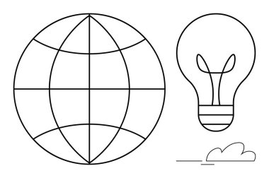 Bulut aksanıyla çizilmiş ampulün yanındaki dünya ızgarası. Yenilik için ideal, küresel fikirler, yaratıcılık, enerji, sürdürülebilirlik, teknoloji, eğitim için. Basit düz metafor