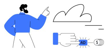 İş adamı, elinde reklam düğmesiyle bulut simgesine doğru hareket ederek bozuk para üretiyor. Pazarlama, reklam, çevrimiçi platformlar, iş stratejileri, bulut hizmetleri, mali büyüme için ideal
