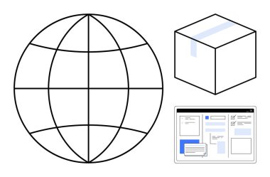 Küre küresel erişimi simgeler, küp lojistik ve paketleri temsil eder, tarayıcı penceresi dijital aktiviteyi gösterir. Ağ, taşımacılık, küreselleşme, e-ticaret, teknoloji, web için ideal