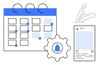 İşaretli tarihli takvim, alarm zilli ekipman ve akıllı telefon arayüzü. Üretkenlik, programlama, organizasyon, hatırlatıcı, zaman yönetimi sosyal medya pazarlaması için idealdir. Basit düz