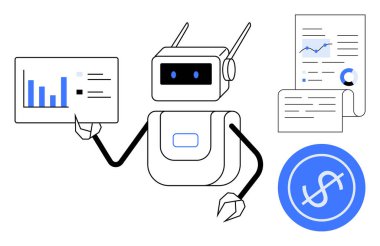 Robot, içinde analitik dokümanlar ve bir finans ikonu bulunan grafiklerle dolu bir tablo tutuyor. Teknoloji, otomasyon, veri analizi, yapay zeka çözümleri, finansal planlama, dijital ekonomi, basit