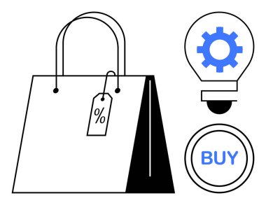 Yüzdelik etiketli alışveriş torbası, ampulün içindeki ekipman yeniliği simgeliyor, satın alma düğmesi. E-ticaret, pazarlama, perakende, teknoloji, yenilik için ideal online alışveriş işi. Basit düz