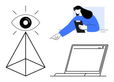 Piramidin tepesindeki göz içgörü simgesi, tableti tutan kadın, teknolojiyi temsil eden dizüstü bilgisayar. Yenilik, teknoloji, yaratıcılık, vizyon, eğitim, tasarım için ideal basit