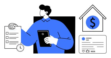 Tablet ve kontrol listesi tutan kişi, duvar saati, dolar simgesi olan ev ve sosyal medya ölçüleri. Basit verimlilik, finans, analitik, emlak, görev yönetimi sosyal medya için ideal