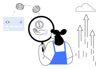 Kadın finansal akışı keşfetmek için büyüteç kullanıyor, para birimini, analizi, bulutu ve yukarı doğru büyüyen okları gösteriyor. Finans, teknoloji, ilerleme, araştırma ödemesi için ideal