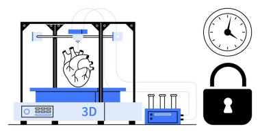 3D yazıcı, saat ve asma kilit simgeleriyle çevrili, teknolojiyi, hassasiyeti, sağlık hizmetini, yeniliği, zaman yönetimini ve güvenliği simgeleyen bir kalp üretiyor. Teknoloji ilacı ve basit bir daire için ideal.