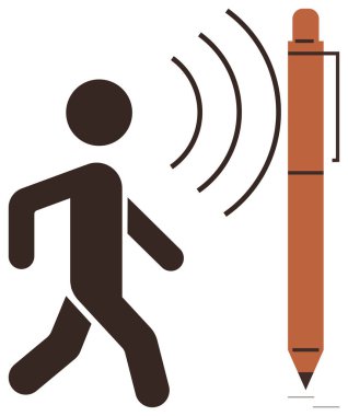 Yürüyen figür kalem yayıcı sinyal dalgalarıyla etkileşime giriyor. İletişim, yaratıcılık, yenilik, teknoloji, bağlantı, eğitim ve basit düz metafor için ideal