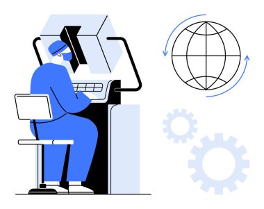 Masa başı işletim ekipmanlarında teknisyen, küresel bağlantıyı temsil eden oklu küre ve sistem işlemleri için vitesler. Teknoloji, küresel ağ, yenilik, otomasyon, mühendislik için ideal