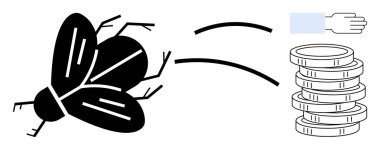 Genişletilmiş elden bozuk paralara doğru hareket eden büyük siyah sinek, maddi sorunları gösteriyor. Para yönetimi, tasarruf, finansal gider, kayıp, bütçe, risk, kötü yönetim için ideal basit düz metafor