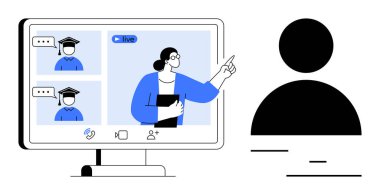 Öğretmen çevrimiçi bir sınıfa liderlik ediyor, video aracılığıyla öğrencilerle iletişim kuruyor. Eğitim, e-öğrenim, iletişim, webinarlar, uzaktan işbirliği, bilgi paylaşımı, basit iniş sayfası için ideal