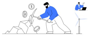 Kazma kullanan işçi kripto para birimleri, yüzen paralar, yakınlarda rüzgar türbini, başlangıçta dizüstü bilgisayar kullanıcısı. Kripto para birimi, yenilenebilir enerji, dijital ekonomi, madencilik kavramı, yenilik için ideal