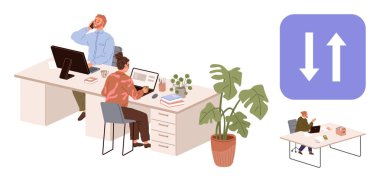 Masalarda çalışan profesyonellerden oluşan bir ekip bilgisayarlar, kağıtlar, santraller ve bir veri değiş tokuşu simgesi. Takım çalışması, işbirliği, ofis, uzaktan kumandalı iletişim iş teknolojisi için ideal. Basit.