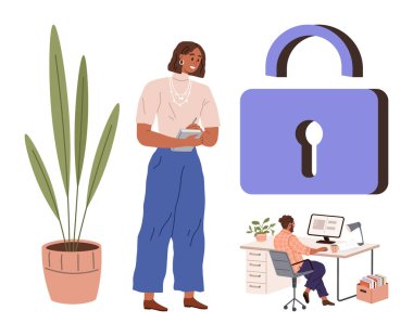 Elinde defter tutan kadın, bilgisayarlı masa başı çalışanı, dev kilit ve saksı bitkisi. Güvenlik, mahremiyet, ofis yönetimi, takım çalışması, üretkenlik artışı ve basit düz metafor için ideal