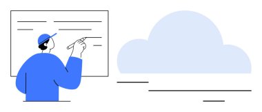 Yanında bir bulutla birlikte tahtaya yazı yazan bir adam. Eğitim, beyin fırtınası, yaratıcılık, veri depolama, bulut teknolojisi, yenilikçi iş yeri iletişimi için idealdir. Basit düz metafor