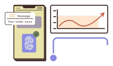 Akıllı telefon, parmak izi doğrulama kontrolünü ve yükselen veri grafiğinin yanında güvenli kod mesajını görüntüler. Güvenlik, teknoloji, veri analizi, kullanıcı deneyimi, fintech, biyometrik için ideal