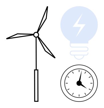Rüzgar türbini enerji üretiyor, ampul gücü simgeliyor, saat de zamanı simgeliyor. Yenilenebilir enerji, sürdürülebilirlik, zaman verimliliği, temiz güç, çevre dostu çözümler, yenilik için ideal