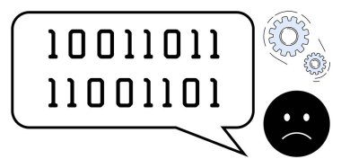 İkili sayılarla dolu bir konuşma baloncuğunun yanında üzgün bir yüz ve yanlış hizalanmış vitesler. Kodlama hatası, teknik sorun, sorun giderme, iletişim bozukluğu, veri sorunları, algoritma için ideal