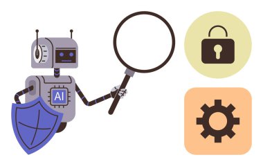 Yapay zeka robotu büyüteçle, güvenlik kalkanıyla, koruma kilidiyle ve optimizasyon teçhizatıyla araştırır. Teknoloji, siber güvenlik, yenilik, otomasyon, veri analizi için ideal.
