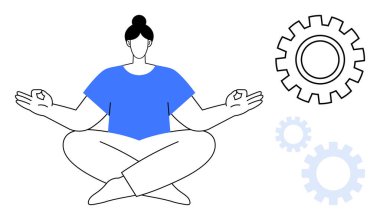 Oturmuş yoga yapan kadın, sakin bir ifadeyle, yüzen dişlilerle çevrili. Farkındalık, verimlilik, denge, akıl sağlığı, iş hayatı uyumu, kendine bakım, kişisel gelişim için idealdir.