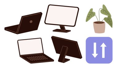 Dizüstü bilgisayarlar, masaüstü monitörü, saksı bitkisi ve yön gösteren ok ikonu teknoloji ve doğa arasında bir denge olduğunu gösteriyor. Üretkenlik, iş hayatı dengesi, uzaktan çalışma, dijital araçlar, işbirliği için ideal