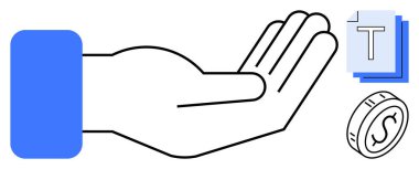 İnsan elini aç, metin dokümanları, bozuk para sembolü. Cömertlik, paylaşım, bağış, ticaret, kaynak yönetimi eğitimi ve dijital hizmetler için ideal. Basit iniş sayfası