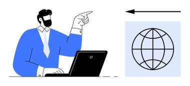 Resmi giyinmiş bir adam, elinde okla küresel ağ grafiğine doğru hareketler yapıyor. Takım çalışması, iletişim, liderlik, teknoloji, veri paylaşımı, iş stratejisi, basit düz metafor