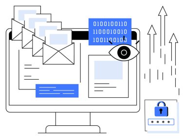 E- postalarlı masaüstü monitörü, ikili kod, bir göz simgesi, kilit yastığı ve yukarı bakan oklar basit bir şekilde çevrimiçi iletişim, veri koruması, siber güvenlik, şifreleme, internet güvenliği ve mahremiyeti temsil ediyor