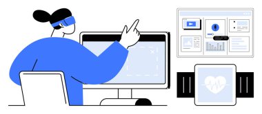 VR kulaklık kullanan ve dijital ekranla etkileşimde olan biri. Kalp atışını gösteren akıllı seğirme. Teknoloji, yenilik, sanal gerçeklik, sağlık izleme, veri analizi, giyilebilir teknoloji için ideal