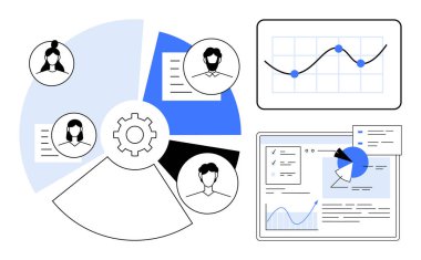 Ekip profilleri, çizelgeleri ve proje paneliyle çevrili. Takım çalışması için ideal, analitik, veri, işbirliği, verimlilik çalışma akışı araştırması. Basit bir iniş sayfası için mükemmel.