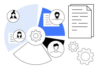 Ekip üyesi profilleri, dişlileri ve belgeleri olan dairesel tablo işbirliği, planlama ve işlem optimizasyonunu temsil ediyor. Takım çalışması, strateji, üretkenlik, HR iletişimi için ideal