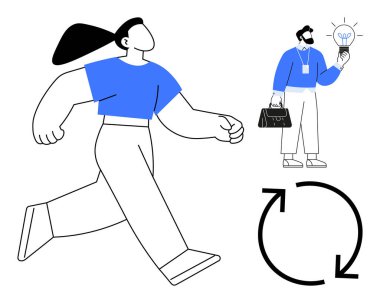 Kadın kararlı adımlarla yürüyor, adam elinde bir çantayla ampul tutuyordu. Etrafı dairesel okla çevriliydi. Takım çalışması, yenilik, kariyer ilerlemesi, hedef belirleme, iş akışı, liderlik için ideal