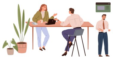 İki meslektaş bir masada dizüstü bilgisayarla, saksı bitkileriyle ve kahveyle projeleri tartışıyor. Üçüncü bir meslektaşım yakınlardaki bir belgeyi okuyor. Takım çalışması, işbirliği, ofis kültürü ve iletişim için ideal