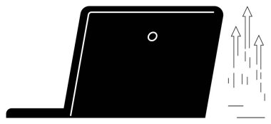 İlerlemeyi, büyümeyi ve yeniliği gösteren yukarı doğru oklarla dizüstü bilgisayarı aç. Teknoloji, iş başarısı, dijital büyüme, çevrimiçi yenilik, verimlilik başlangıç eğitim temaları için idealdir. Basit.