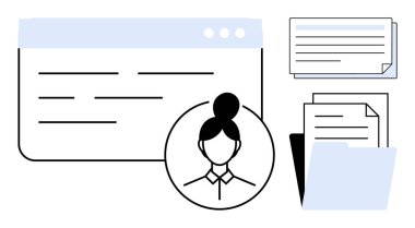 Kadın profil avatarı, web sayfası arayüzü ve klasör içinde kullanıcı profili, veri yönetimi, organizasyon, iş akışı, ağ oluşturma, kişisel bilgi ve yapılandırılmış görevleri sembolize eden belge yığını