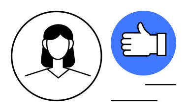 Çemberin içindeki kadın profili mavi ile işaretlenmiş, onay ve bağlantıyı gösteriyor. Geri bildirim, kullanıcı deneyimi, sosyal medya, ağ oluşturma, onaylama, anket, basit