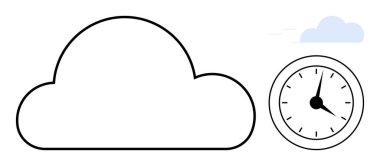 Bulut çizgisi, saati ve küçük gökyüzü manzarasını gösteren bir saatle eşleştirilmiş. Bulut depolama, zaman izleme, veri yönetimi, üretkenlik, planlama, yenilik, basit düz metafor