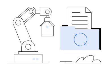 Robotik kol dosya ve klasörle etkileşime giriyor, teknolojiyi, otomasyonu, görev işlemini vurguluyor. Yenilik, iş akışı, bulut depolama, organizasyon, sürdürülebilirlik endüstrisi için ideal AI